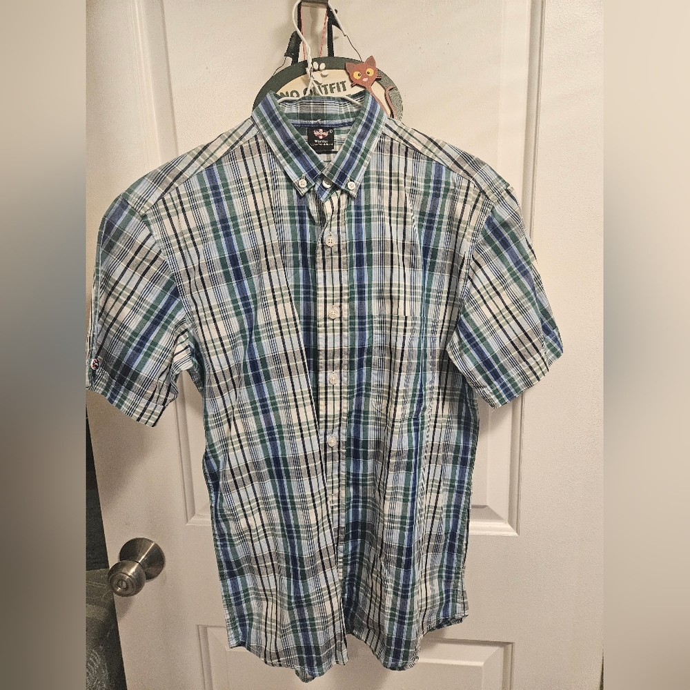 Men Warrior Clothing Blue and Green Button Down Shirt Skinhead Punk Mod Oi! NWOT